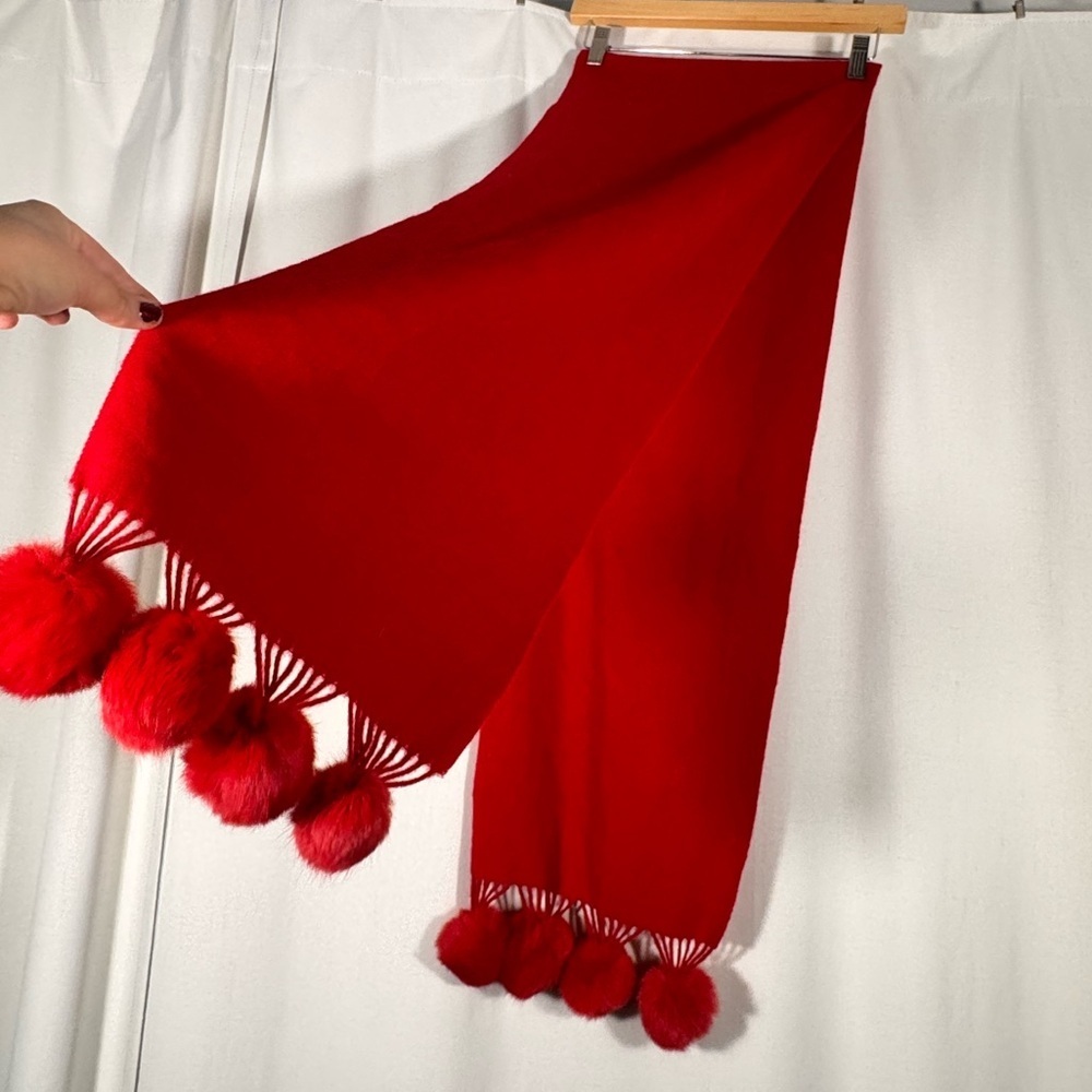 Red Wrap Scarf w/ Plush Faux Fur Pom Pom Fringe